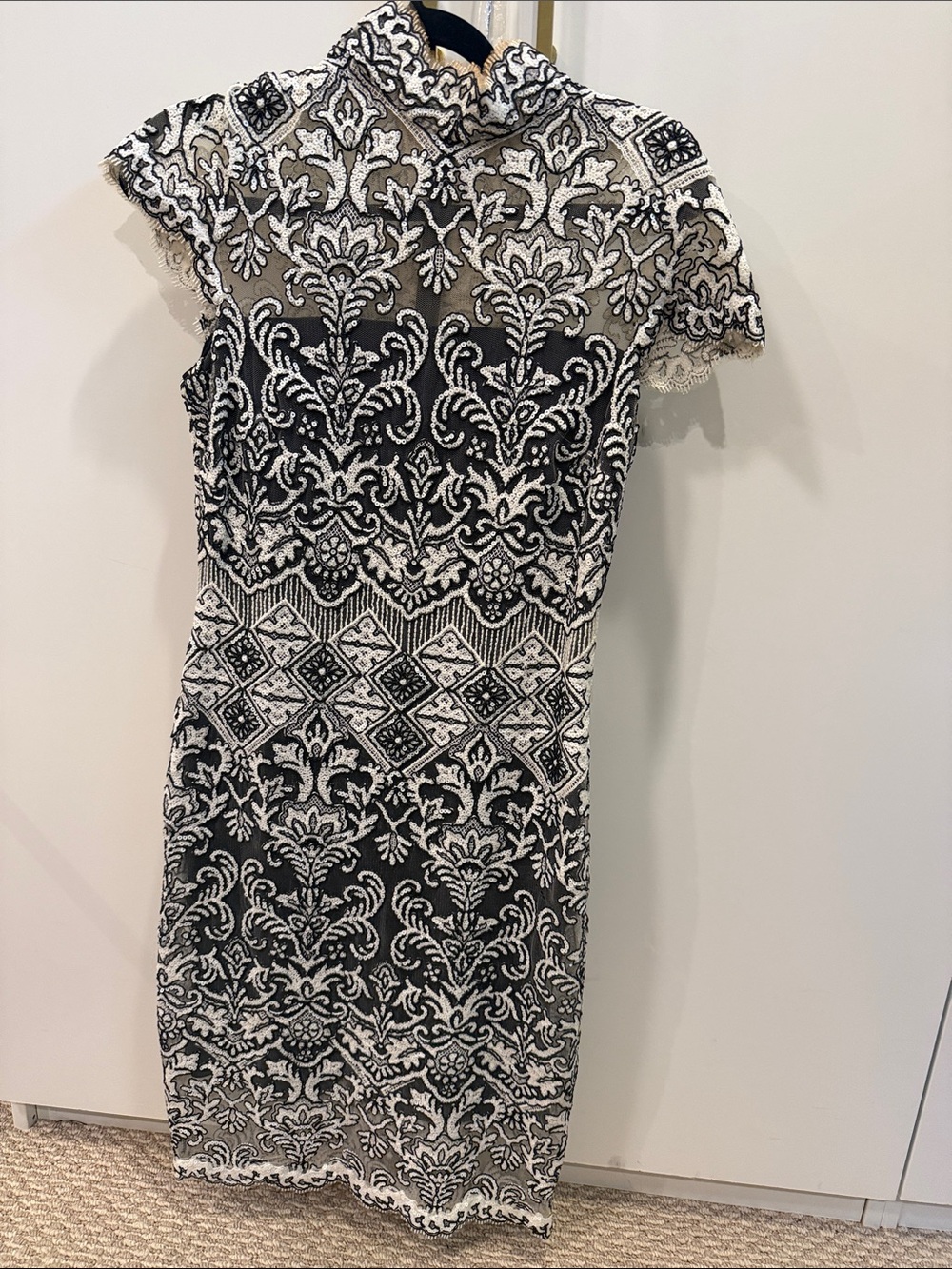 Tadashi Shoji Black & White Lace Midi Dress - High Neck Cap Sleeve